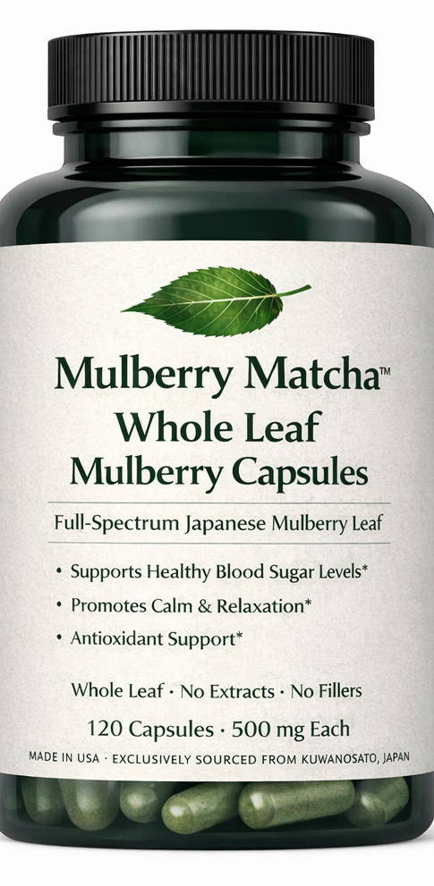 Mulberry Matcha 120-count whole leaf capsule bottle