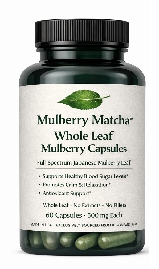 Mulberry Matcha 60-count whole leaf capsule bottle