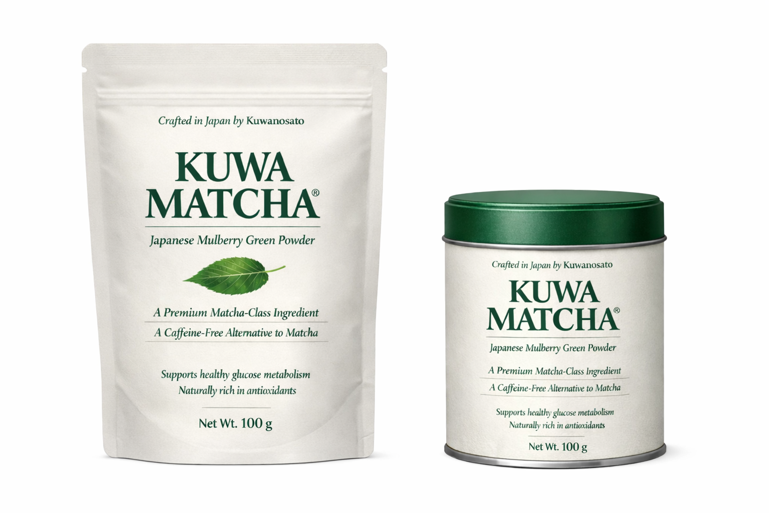 Kuwanosato Kuwa Matcha pouch and tin on a light background